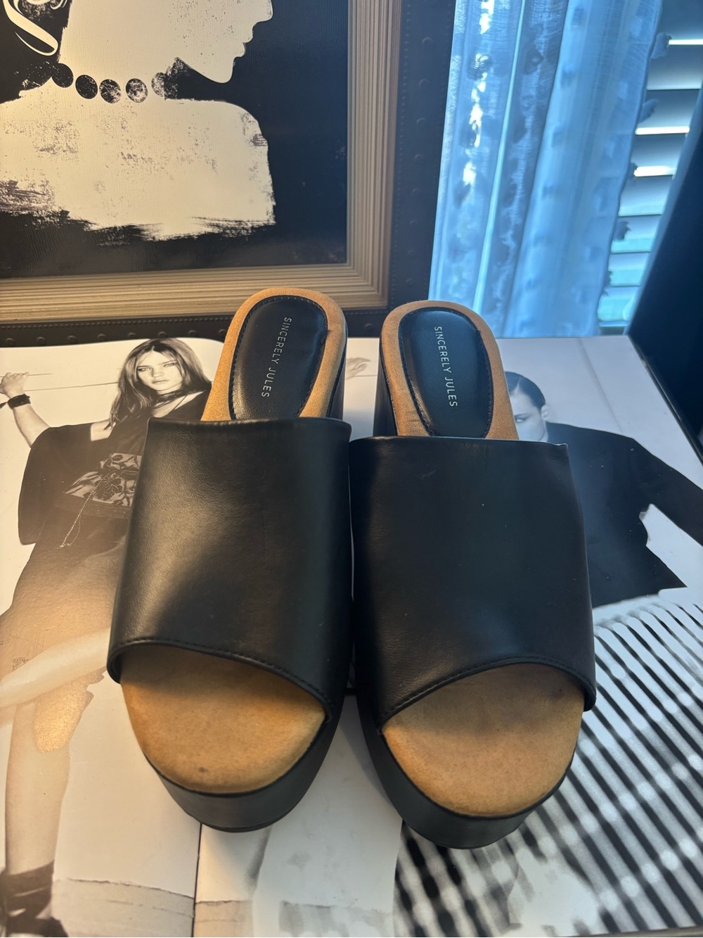 Sincerly Jules Black Leather Slide Mules with Tan Insole